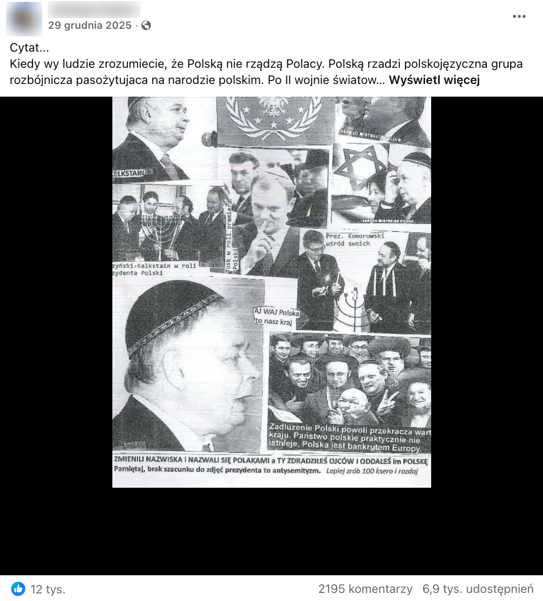 Zrzut ekranu przedstawiający wpis z Facebooka. Do wpisu dołączono zdjęcie czarnobiałej kartki z nadrukowanymi zdjęciami znanych polskich polityków – Jarosława Kaczyńskiego, Donalda Tuska czy Bronisława Komorowskiego. Każde zdjęcie przedstawia polityka w jarmułce lub w towarzystwie Żydów.