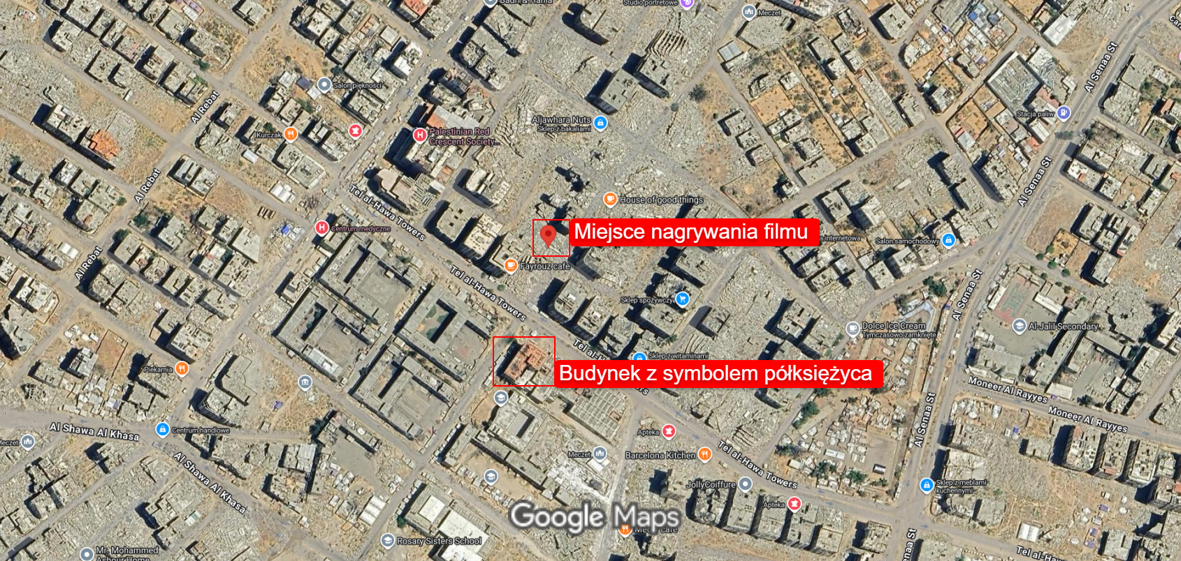Zrzut ekranu z Google Maps z oznaczonym miejscem nagrywania filmu i budynkiem z symbolem półksiężyca