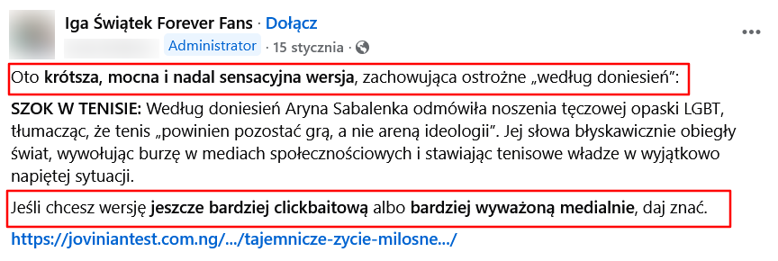Zrzut ekranu wpisu z Facebooka. Tekst i elementy interfejsu platformy. Czerwone prostokąty oznaczają fragmenty tekstu.