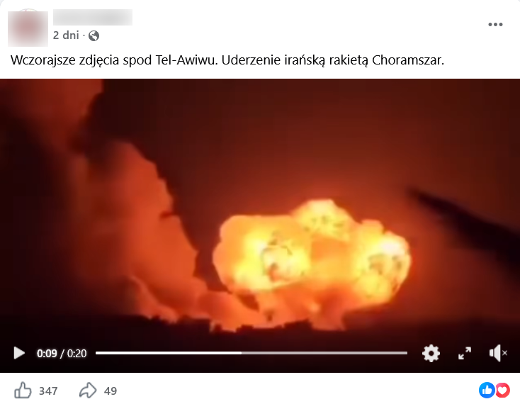 Zrzut ekranu wpisu z Facebooka. Na górze podpis i elementy interfejsu platformy, na dole klatka z nagrania przedstawiająca wybuch.