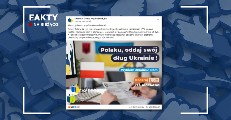 Wpis na Facebooku. W tle znaki kciuki z Facebooka. W lewym górnym rogu napis fakty na bieżąco