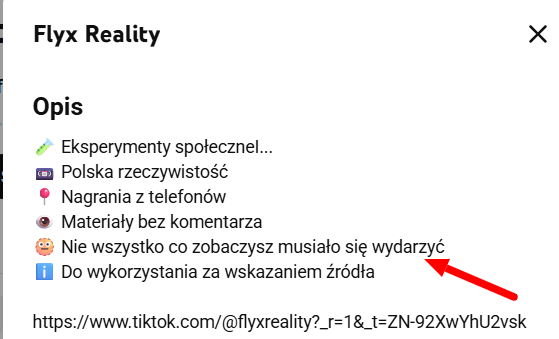 Zrzut ekranu z platformy YouTube, gdzie w opisie Flyxreality znajdziemy informację, że „Nie wszystko co zobaczysz musiało się wydarzyć”. 