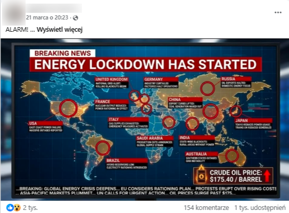 Wpis na Facebooku mówiący o rzekomych nadchodzących lockdownach z powodu problemów z dostępem do ropy. Do wpisu dołączona jest grafika przedstawiająca mapę świata z zaznaczonymi państwami mającymi problemy z paliwem