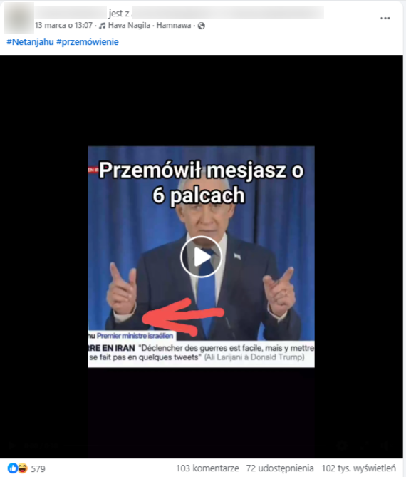 Wpis na Facebooku z nagraniem Netanhaju i podpisem - Przemówił mesjasz o 6 palcach