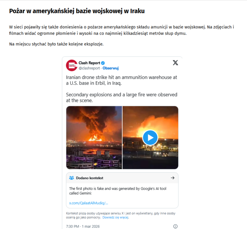Zrzut ekranu tekstu ze strony Onet.pl, z fragmentem, gdzie pojawia się wpis zawierający notkę społeczności o obrazie wygenerowanym przez AI
