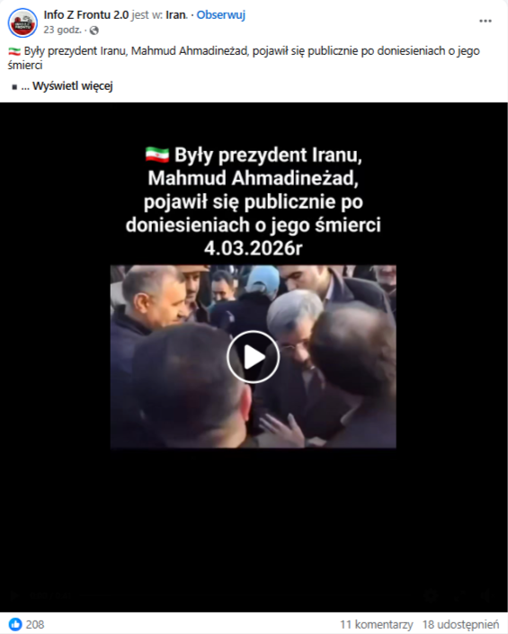 Wpis na Facebooku z nagraniem mającym udowadniać, że były prezydent Iranu jednak żyje