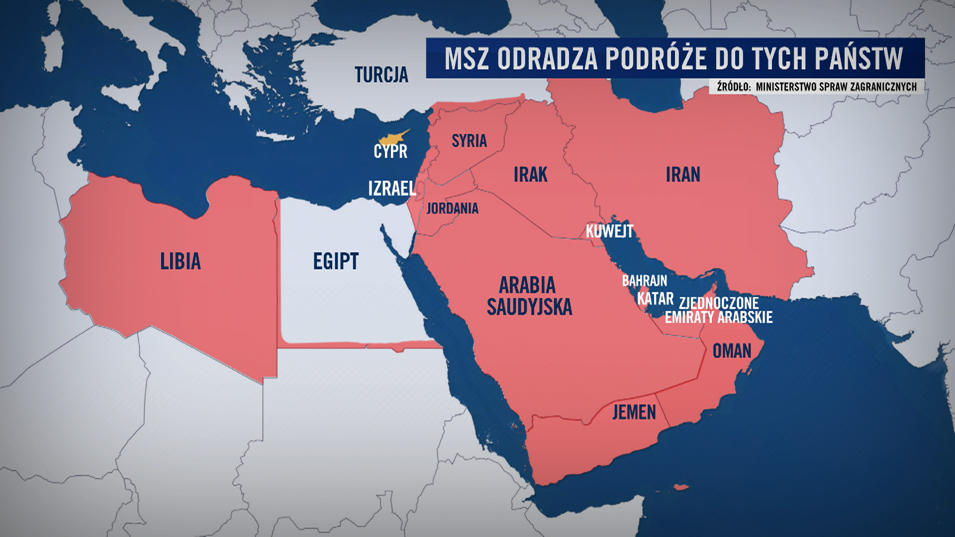 Mapa Bliskiego Wschodu opublikowana przez TVN24