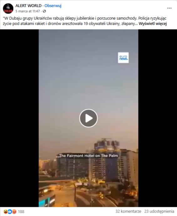 Film na Facebooku z informacją o rzekomych kradzieżach dokonywanych przez Ukraińców w Dubaju