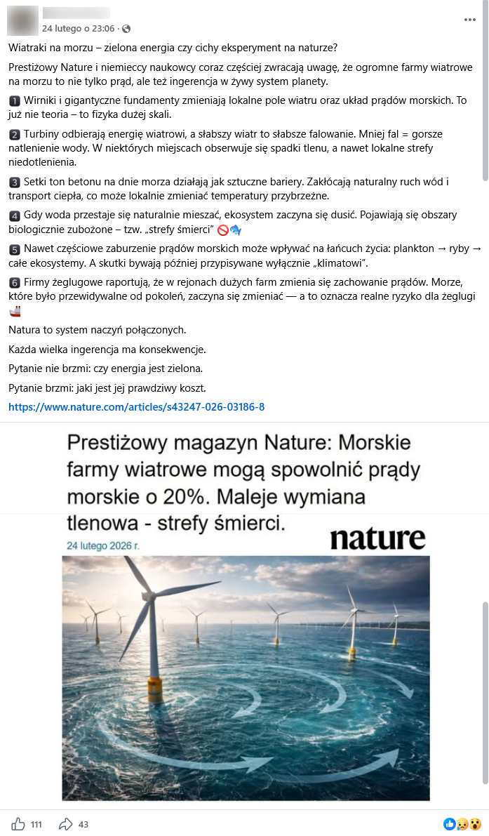 Zrzut ekranu wpisu z Facebooka, na górze podpis i elementy interfejsu platformy, na dole grafika przedstawiająca ilustrację morskiej farmy wiatrowej