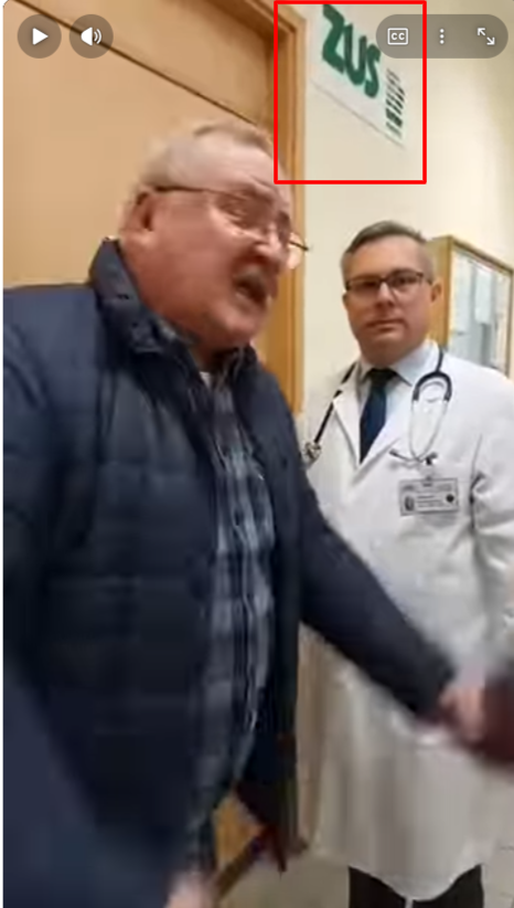 Alt: Zrzut ekranu z platformy Facebook, pokazujące fragment z omawianego nagrania. W prawym górnym rogu widać niewyraźny zapis ZUS. 