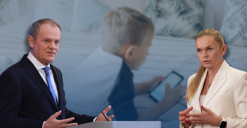 Donald Tusk i Barbara Nowacka na tle dziecka z telefonem.