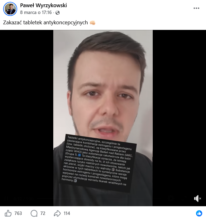 Zrzut ekranu wpisu z Facebooka. Na górze podpis i elementy interfejsu platformy. Na dole klatka z filmu, Paweł Wyrzykowski na białym tle i fragment tekstu.