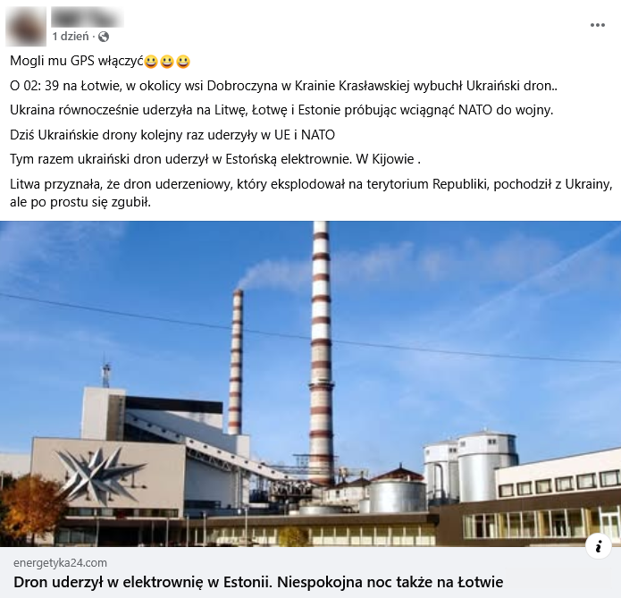 Zrzut ekranu wpisu z Facebooka. Na górze podpis i elementy interfejsu platformy, na dole zdjęcie z artykułu przedstawiające elektrociepłownię.