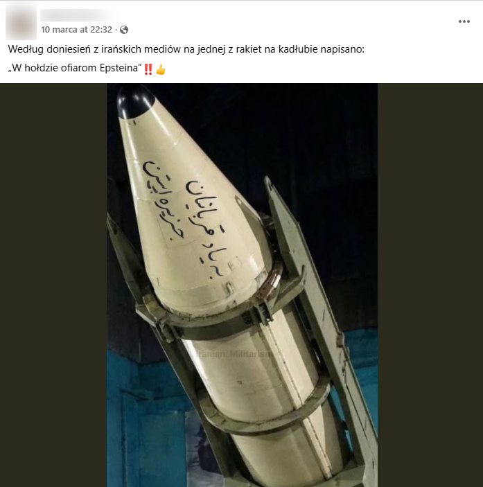 Zrzut ekranu z platformy Facebook, gdzie pojawia się grafika rakiety z rzekomo arabskimi napisami.