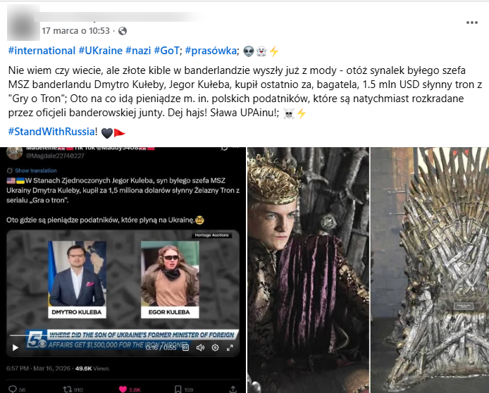 Zrzut ekranu z platformy Facebook, gdzie pojawiają się zdjęcia tronu z Gry o Tron, a także syna Dmytro Kułeby. 