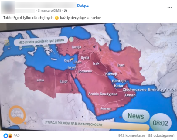 Wpis na Facebooku z mapą, która pojawiła się w programie Dzień Dobry TVN