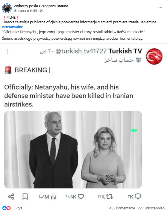 Wpis na Facebooku ze zrzutem ekranu z portalu X z informacją o śmierci Netanjahu. Na czarno białym zdjęciu widać polityka razem ze swoją żoną, ubrani formalnie, na tle białej, pomarszczonej zasłony 