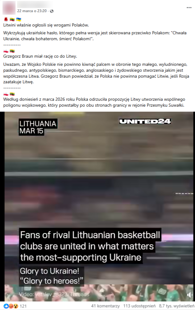 Zrzut ekranu z platformy Facebook, gdzie pojawia się kadr z meczu litewskiej ligi w koszykówkę.