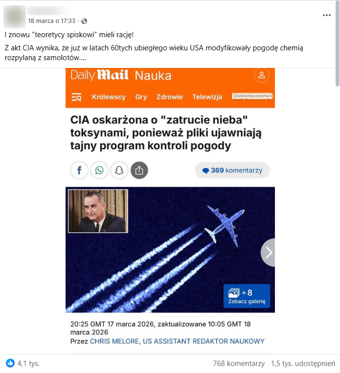 Zrzut ekranu z platformy Facebook, gdzie pojawia się informacja o rzekomych dowodach na zatruwanie pogody przez CIA. Na dołączonej grafice pojawia się screen z artykułu Daily Mail. 