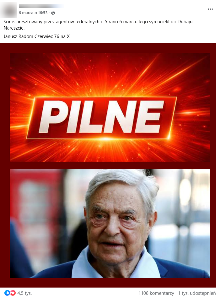 Zrzut ekranu z platformy Facebook, gdzie na jednej z dołączonych grafik widać napis „pilne”, a na drugiej zdjęcie George’a Sorosa.