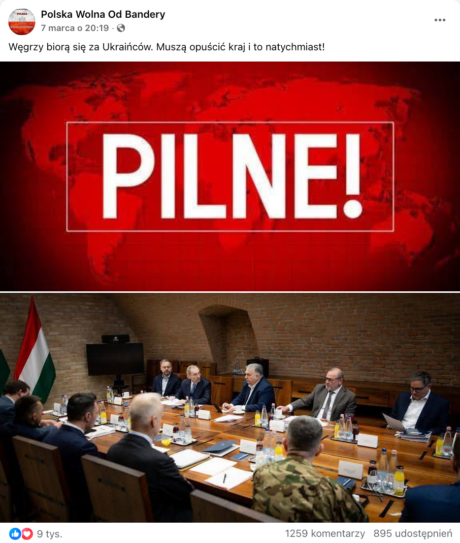 Zrzut ekranu przedstawiający post opublikowany na Facebooku. Do wpisu dołączono dwa obrazy: jeden czerwony z białym napisem Pilne!, drugi ze zdjęciem węgierskich polityków