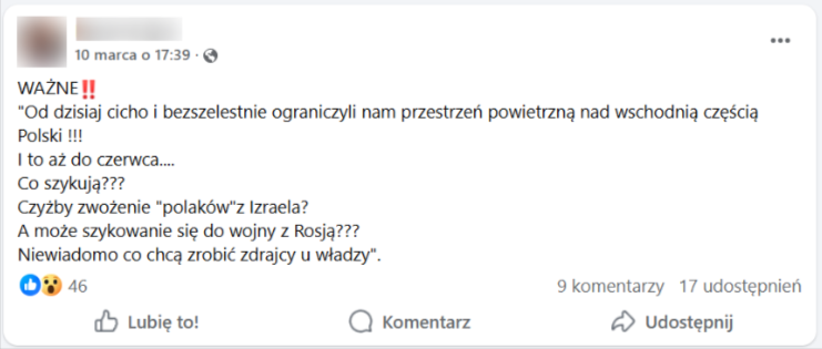 Zrzut ekranu z platformy Facebook, gdzie widzimy cytowany wpis