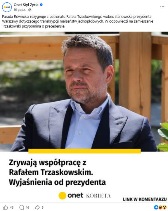 ALT: Na grafice przedstawiono zrzut ekranu wpisu Onet Styl Życia, który informuje o rzekomej rezygnacji z patronatu prezydenta miasta
