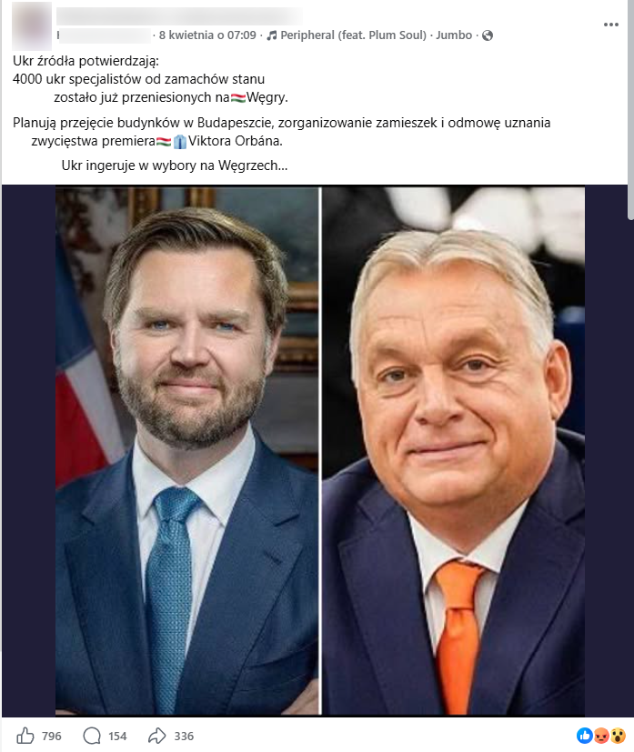 Zrzut ekranu z platformy Facebook, gdzie pojawiają się twarze JD Vance’a i Victora Orbana. 