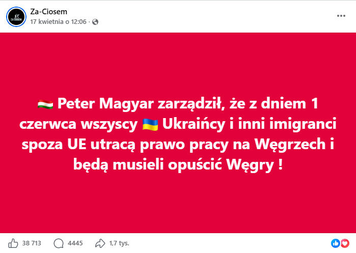 Zrzut ekranu z platformy Facebook, gdzie pojawia się informacja o rzekomym zarządzeniu na temat Ukraińców.