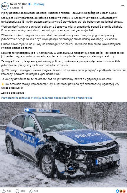 Obraz przedstawia rozbity radiowóz. Został najprawdopodobniej wygenerowany przez sztuczną inteligencję.