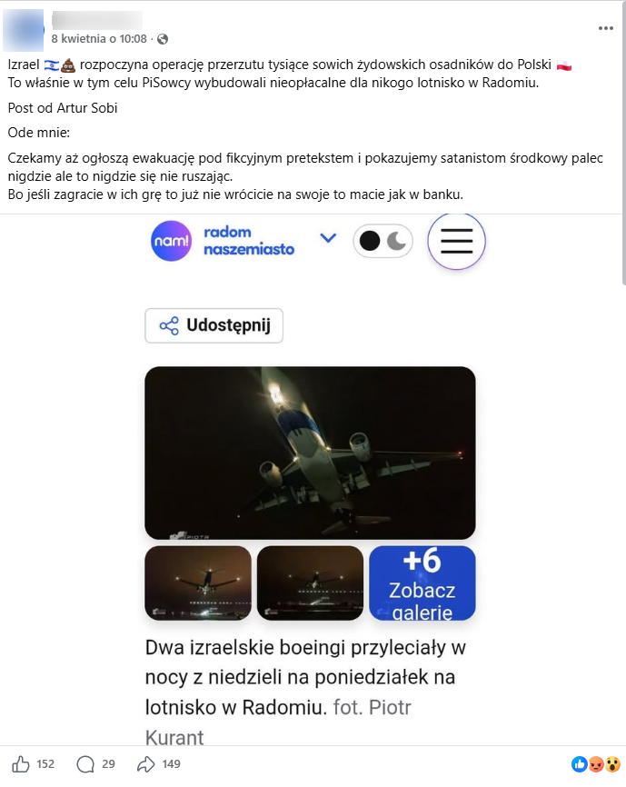 Zrzut ekranu z platformy Facebook, gdzie pojawia się screenshot z portalu Radom-nasze miasto.