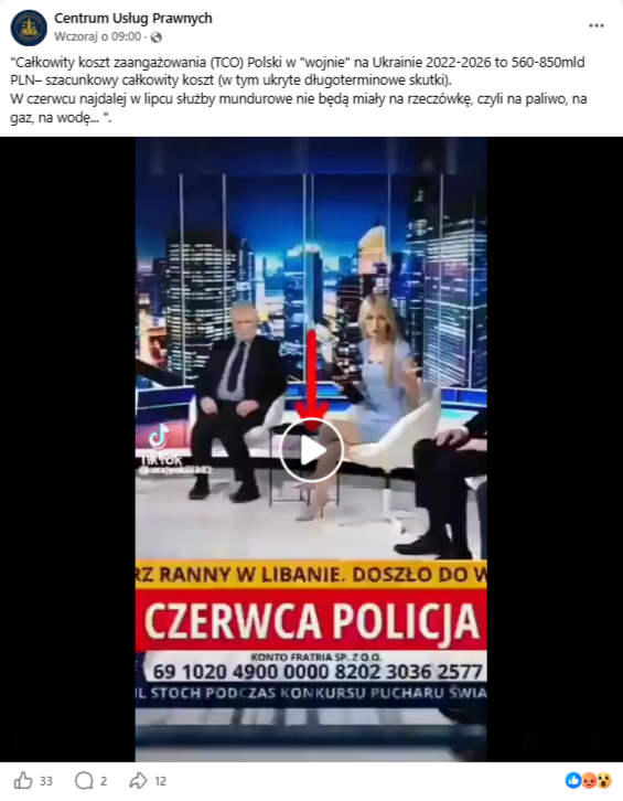 Wpis na Facebooku z informacjami o szacunkowych kosztach wojny w Ukrainie poniesionymi przez Polskę