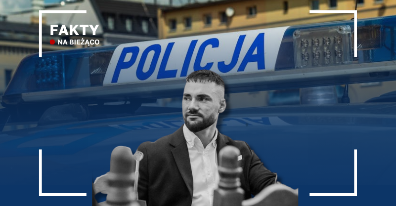 Grafika przedstawia Łukasza Litewkę na tle napisu policja.