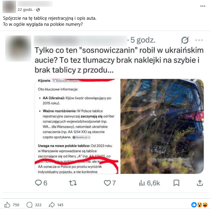 Zrzut ekranu przedstawiający wpis z Facebooka. Podpis, elementy interfejsu platformy i załączona grafika przedstawiająca zrzut wpisu z portalu X zawierający podpis, fragment odpowiedzi AI Google i zdjęcie tyłu samochodu.