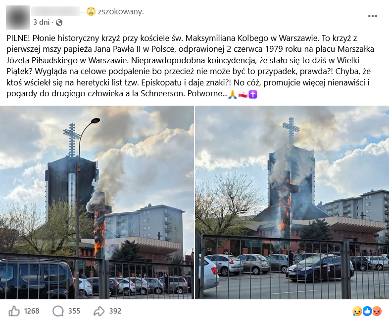 Zrzut ekranu wpisu z Facebooka. Na górze podpis i elementy interfejsu platformy, dole zdjęcia przedstawiające płonący krzyż.