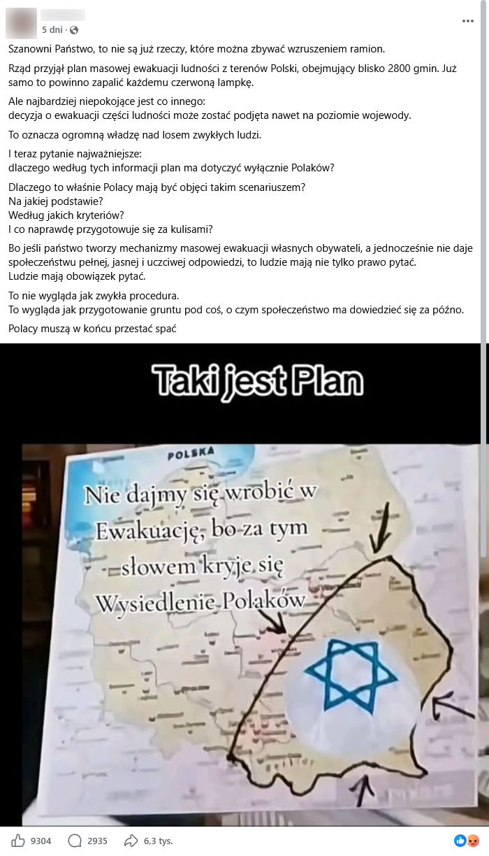 Zrzut ekranu wpisu z Facebooka. Na górze podpis i elementy interfejsu platformy, na dole grafika przedstawiająca mapę Polski, na której zaznaczono południowo–wschodnie obszary kraju i nałożono jarmułkę.