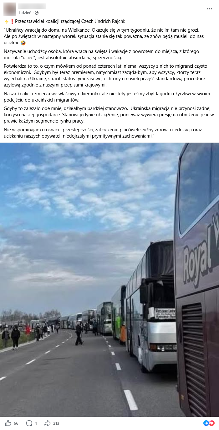 Zrzut ekranu wpisu z Facebooka. Na górze podpis, na dole zdjęcie autobusów na drodze.