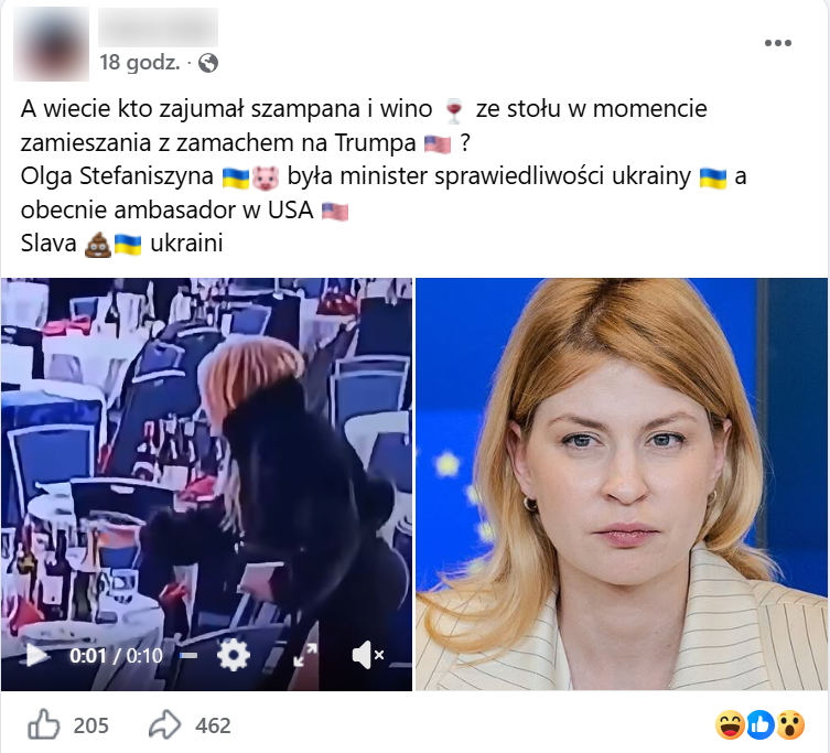 Zrzut ekranu z platformy Facebook. Nagranie z wydarzenia WHCA, na którym kobieta bierze ze stołu butelki alkohol. Obok zdjęcie ambasadorki Ukrainy.