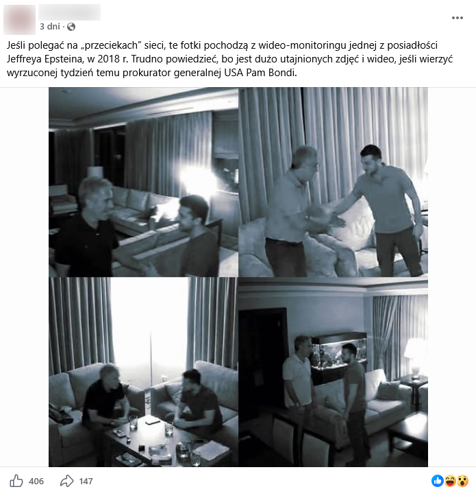 Zrzut ekranu z Facebooka, na górze podpis i elementy interfejsu platformy. Na dole kolaż wygenerowanych grafik wyglądających jak klatki z nagrania monitoringu, przedstawiające spotkanie Zełenskiego z Epsteinem.