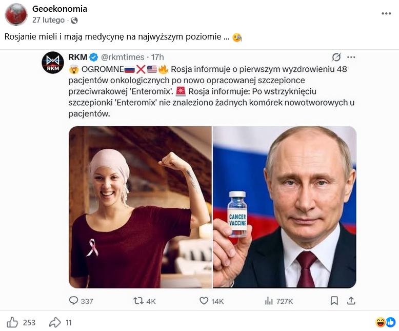 Zrzut ekranu wpisu z Facebooka. Na górze podpis i elementy interfejsu platformy, na dole grafika przedstawiająca uśmiechającą się pacjentkę onkologiczną i Władimira Putina trzymającego pojemnik ze szczepionką.