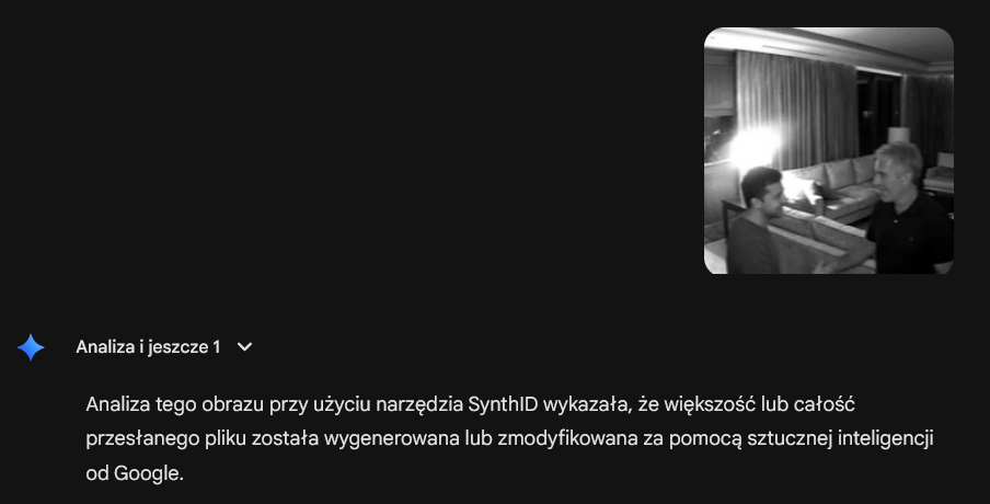 Zrzut ekranu z chatu z Google Gemini, pozytywna analiza grafiki przy użyciu SynthID.