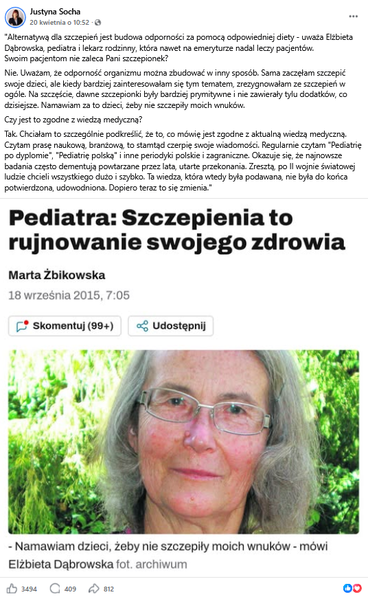 Zrzut ekranu wpisu z Facebooka. Na górze podpis i elementy interfejsu platformy, na dole fragment artykułu z portalu internetowego i zdjęcie kobiety w okularach.