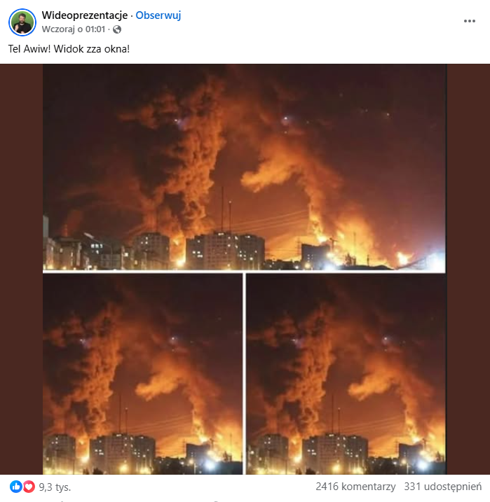 Zrzut ekranu z Facebooka, gdzie pojawiają się kłęby dymu nad blokami. 
