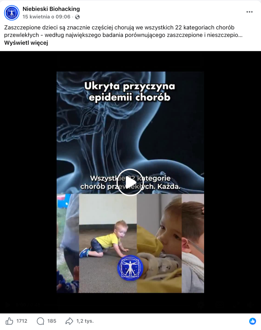 Zrzut ekranu, na którym widać fragment materiału wideo o szkodliwości szczepień. W materiale pokazywano chorujące dzieci, które rzekomo doświadczyły skutków szczepień.
