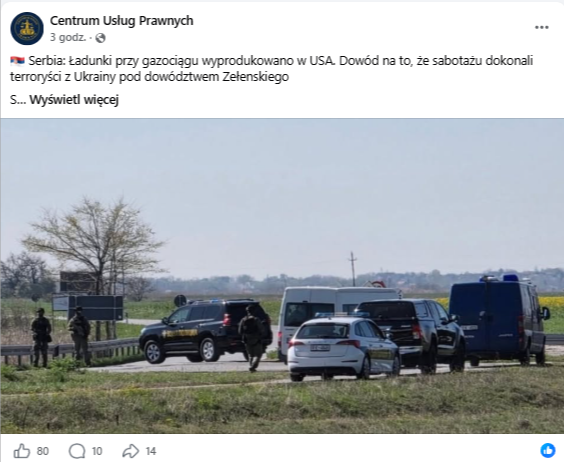 Wpis na Facebooku podający, że odpowiedzialność za przygotowanie sabotażu ponoszą Ukraińcy