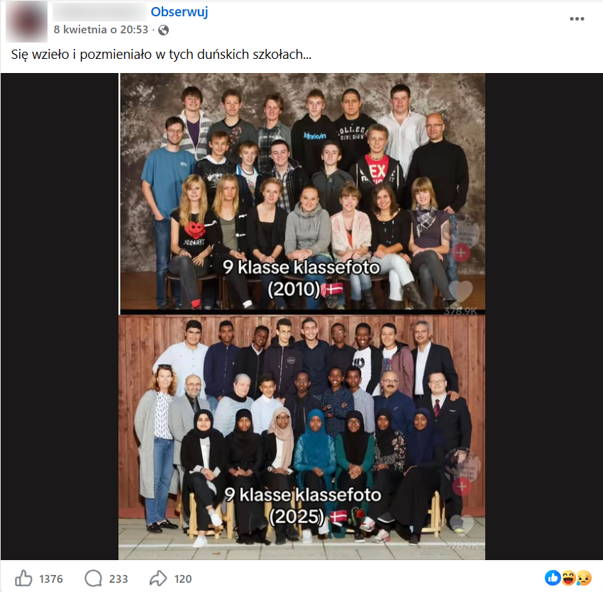 Zrzut ekranu z platformy Facebook, zestawione dwie fotografie klasowe. Na pierwszym zdjęciu widoczni biali uczniowie, podpis 9 klasa, 2010, duńska flaga. Na drugim uczniowie o ciemnej karnacji, wśród których są uczennice w hidżabach, podpis 9 klasa, 2025, duńska flaga.