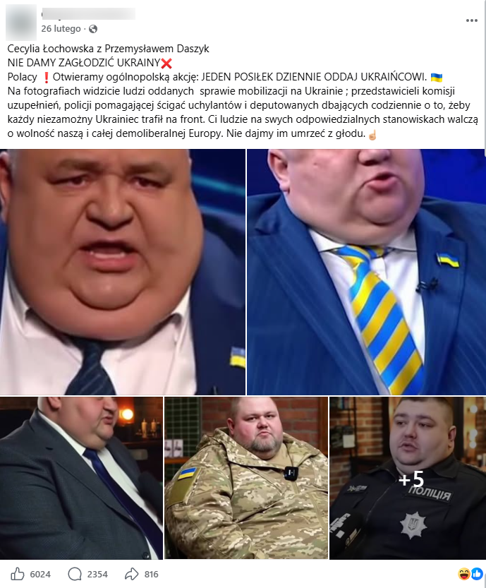 Zrzut ekranu z platformy Facebook, gdzie pojawiają się przerobione wizerunki ukraińskich urzędników. 