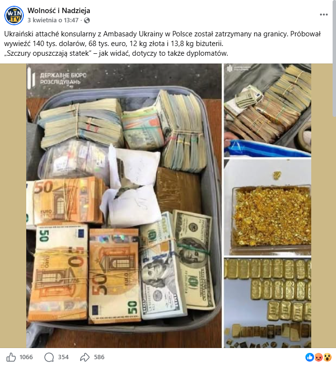 Zrzut ekranu z platformy Facebook, gdzie pojawiają się zdjęcia banknotów oraz złota.