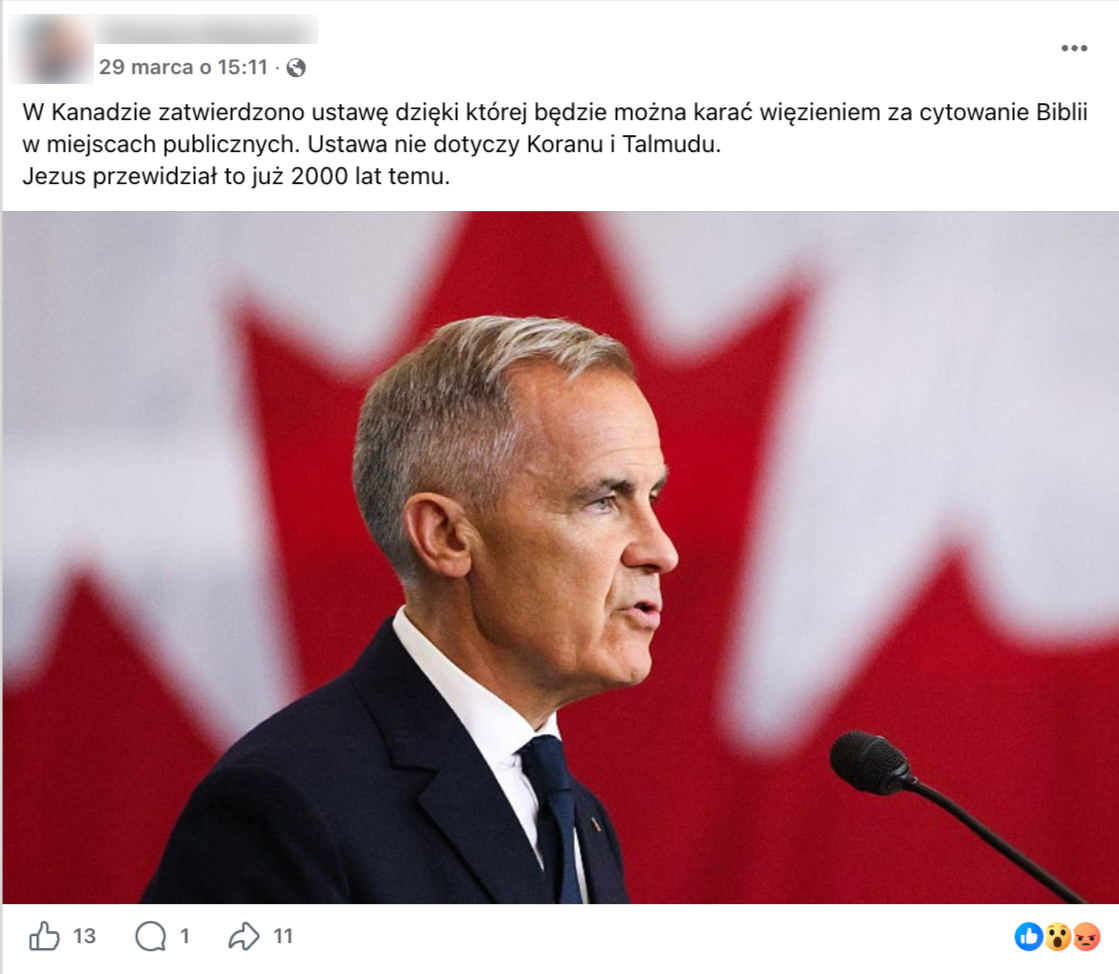 Wpis na Facebooku z informacją o zmianie prawa w Kanadzie i karze więzienia za publiczne cytowanie Biblii 