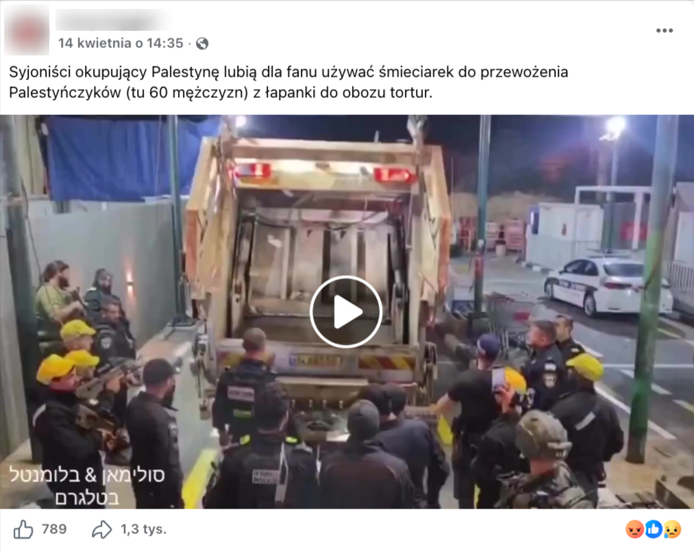 Wpis na Facebooku z nagraniem, na którym widać śmieciarkę i stojących wokół niej ludzi 